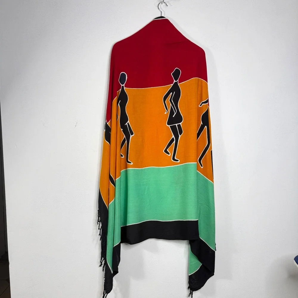 Womens OS Sarong Wrap Scarf Multicolor‎ Batik Dancing Figures Fringe Boho